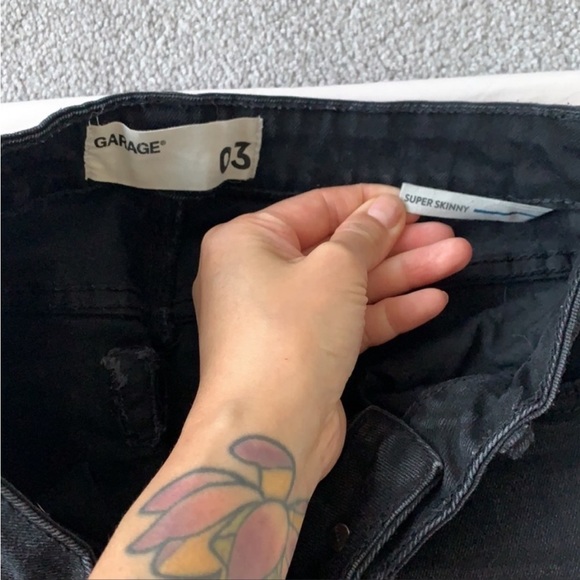Garage black skinny denim, distressing to thigh/knee, size 3, 8”rise, 30” inseam - Picture 3 of 7